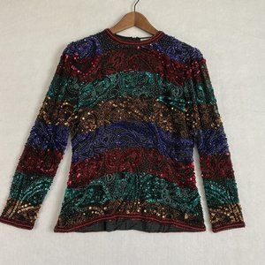 Vtg Oleg Cassini Black Tie Sequin Beaded Long Sleeve Evening Top Blouse Sz S EUC